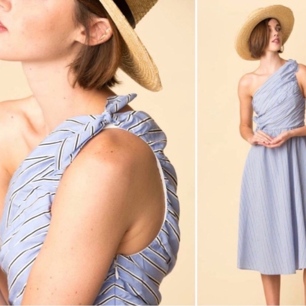 A.L.C. Cabrera one shoulder striped blue dress cotton midi dress - Picture 2 of 3